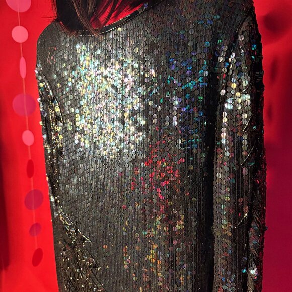 Vintage Iridescent Sequin Silk Dress – 1980s/90s Maharani – Gothic Mermaid Glam - Picture 7 of 12